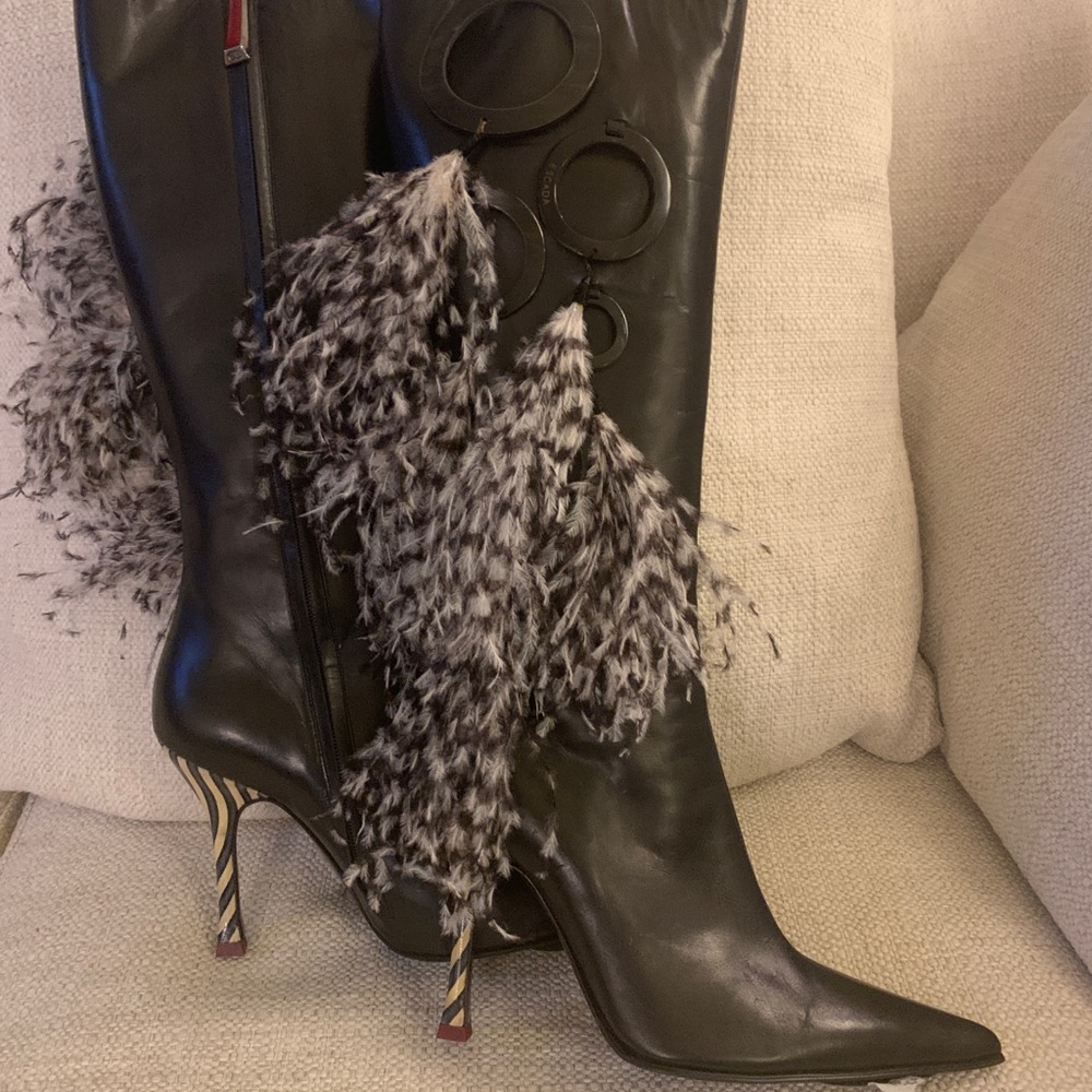 Escada black boots with feather embellishment 36.5